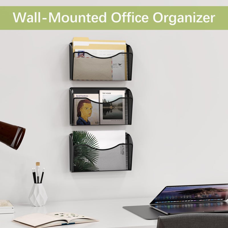 EasyPAG 3 Single Pocket Wall File Organizer, Mesh Hanging File Folder Organizer for Letter/A4 Size Folders, Wall Mounted Vertical Mail Holder for Paperwork, Office, Home, School, Black - Image 3